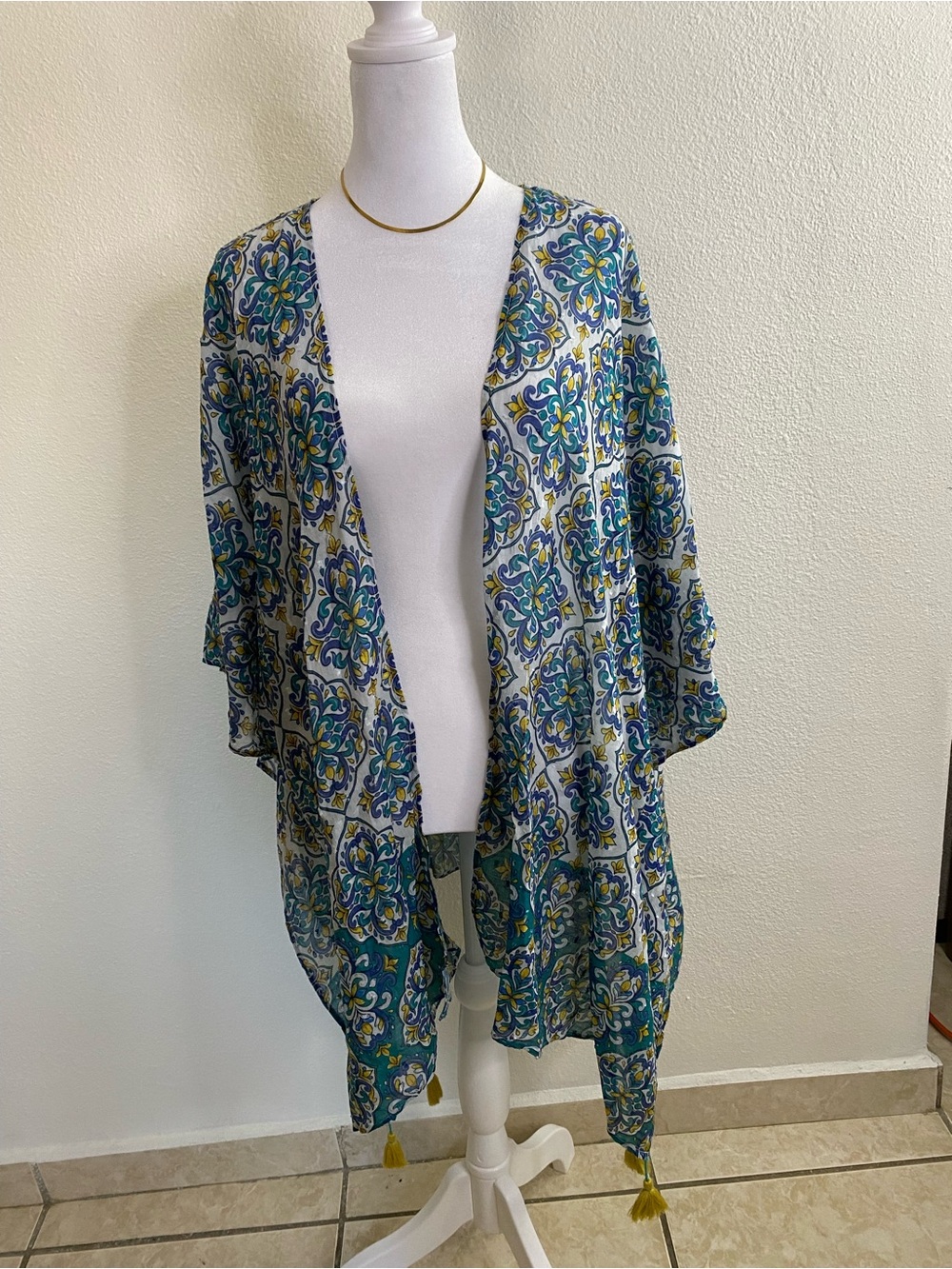 J. Jill Floral Tassel Kimono Cardigan S-L Blue Green Yellow Festival Whimsigoth
